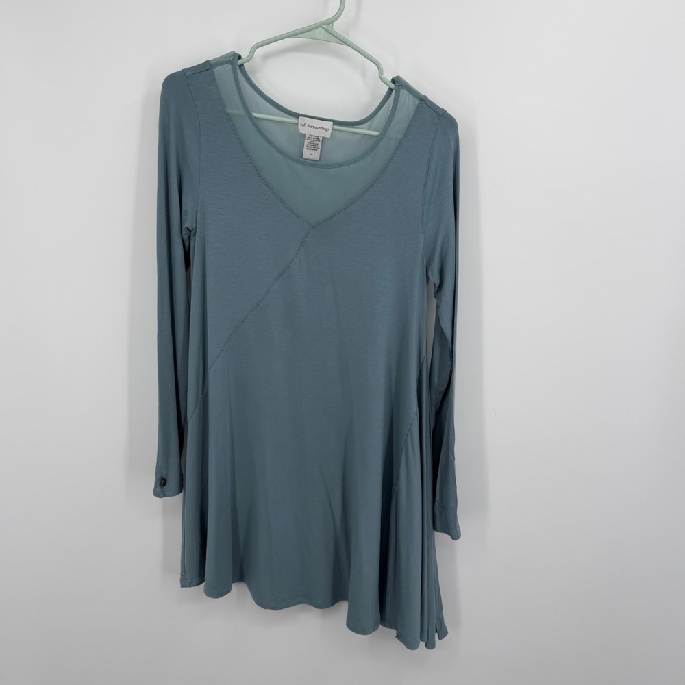 Soft Surroundings Womens XS Blue Asymmetrical Mesh Inset Tunic Top Lagenlook